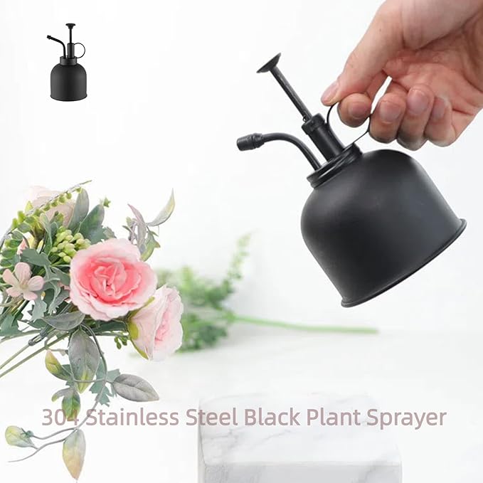 300ml Stainless Steel Plant Sprayer Suitable for Iindoor Potted Plants Watering and Spraying, Mmodern Gardening Tools With Top Pump for Small Plant Mister Spray Bottle (Black-02)