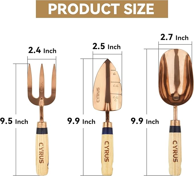 CYRUS Garden Tool Set, 3 Piece Stainless Steel Hand Trowel, Includes Hand Trowel, Transplanting Shovel and Hand Rake with Ash Wood Handle for Planting, Maintaining Lawns and Gardens, Rose Gold