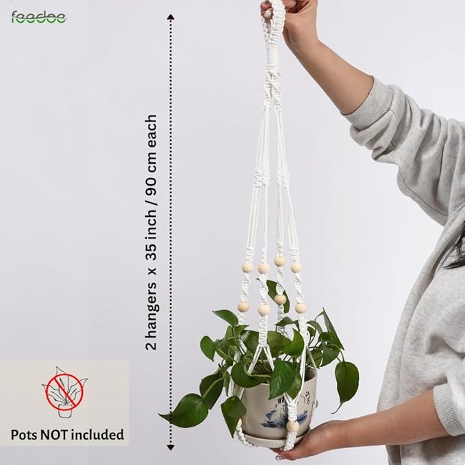 2 Pack Plant Hanger Indoor, Hanging Plant Holder, Macrame Plant Hangers, Handmade Boho Plant Hanger with Wood Beads, No Tassels Indoor Outdoor Flower Pots Holder, Home Décor Ivory (POTS NOT Included)