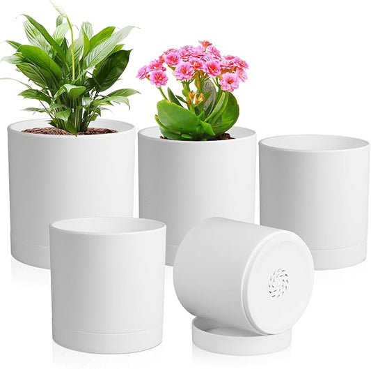 7/6.5/6/5/4 inch Flower Pots, 5 Pack Cylinder Plant Pots for Small Indoor Outdoor Plants, Plastic Planters with Drainage Holes and Saucers for Garden Succulent Nursery House Plants, White