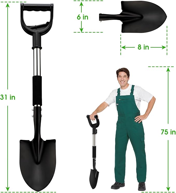 Shovel, Shovels for Digging Gardening, 31” Small Shovel for Camping, Off Road, Garden Spade Shovel with Round Point Blade, D-Handle, Comfort Grip, Metal Shovel Heavy Duty, Rust-Proof, Lightweight