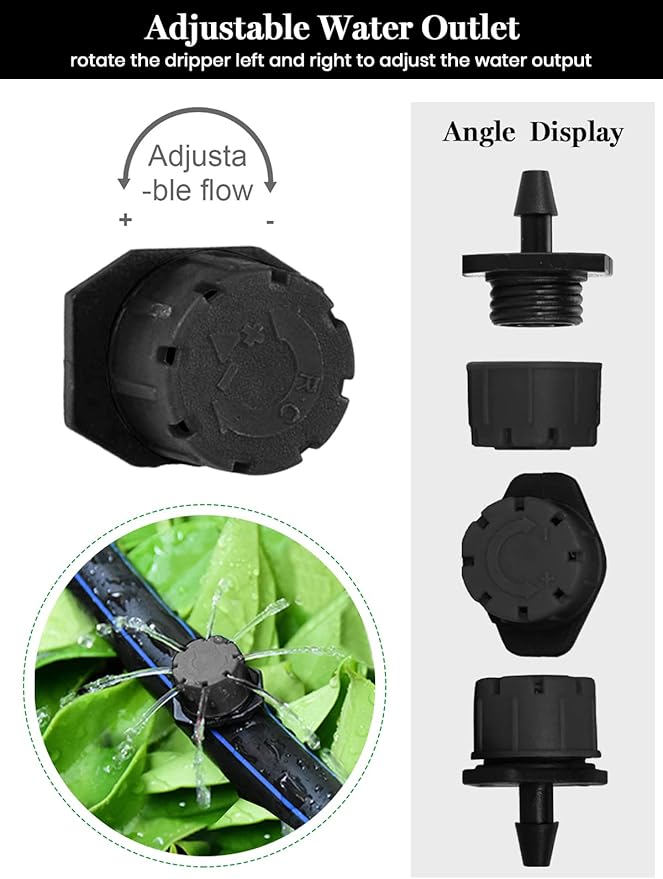 Kalolary 200Pcs Adjustable Irrigation Drippers, 1/4 Inch Barbed Drip Emitter 360 Degree Watering Sprinklers Anti-Clogging Drippers for 4mm/7mm Garden Watering System