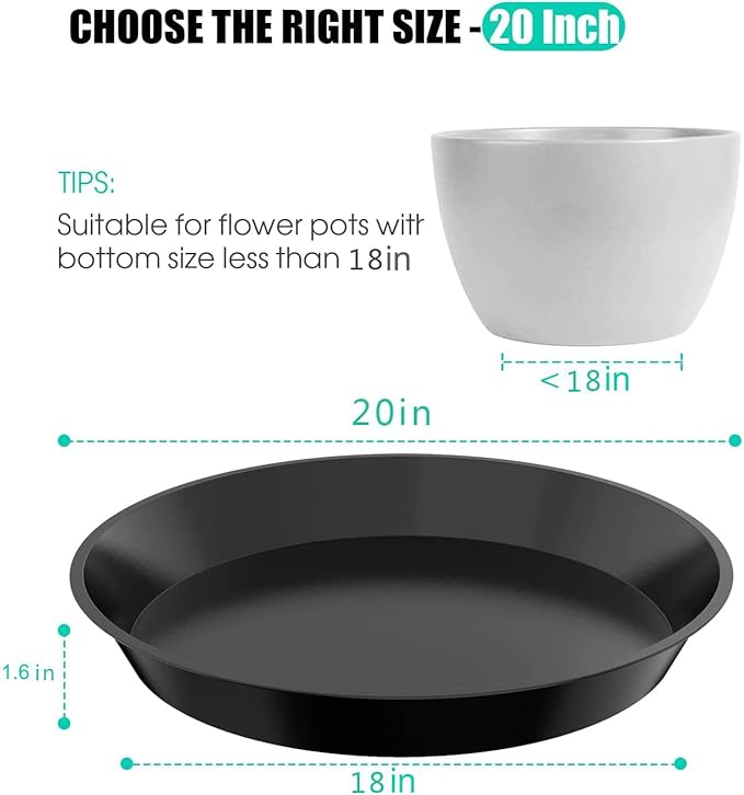 6 Pack Plant Saucer 12 14 16 18 20 22 Inch Plastic Plant Tray, Sturdy and Durable Flower Pot Container Accessories Plant Pot Saucers for Indoor and Outdoor (20 Inch, Black)
