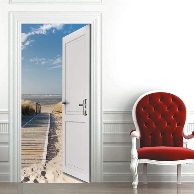 3D Door Stickers Murals Peel and Stick - Outer Beach Road - Door Wallpaper Self-Adhesive Door Decals Removable PVC Waterproof Door Poster for Bedroom Living Room Door Decoration 37.4" x 82.7"