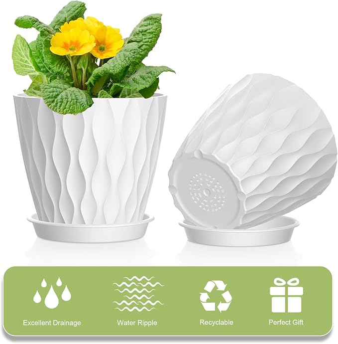 12 Pack 4 Inch Small Plant Pots with Saucers, 3D Textured Plastic Planters with Drainage Holes for Indoor and Outdoor Plants, Flowers, Herbs, Succulents, and Seedlings, White