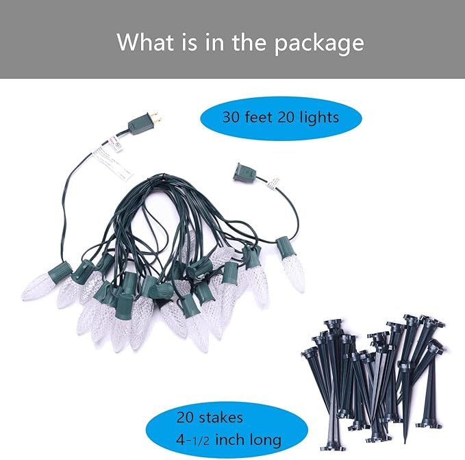 C9 Christmas Pathway Lights with Stakes,Cold White,30 Ft 20 Strawberry LED Bulbs,Connectable Shatterproof Outdoor Lights Marker for Xmas Yard Garden Path Lawn Walkway Sidewalk