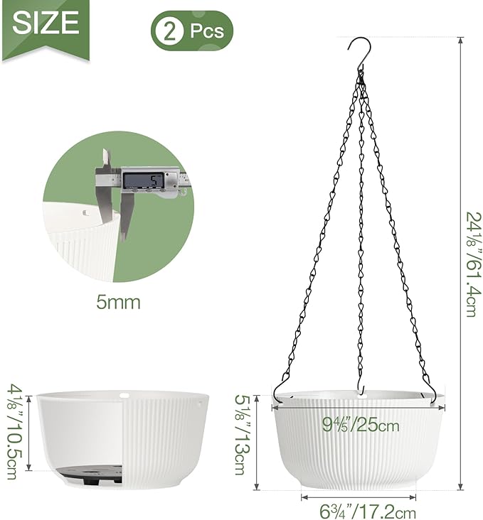 T4U 10 Inch Hanging Planters for Indoor Outdoor Plants, 2 Pack White Self Watering Hanging Plant Pot, Hanging Pots Set with Drainage Hole & Plug & Chain with 3 Hooks for Garden Home Decor