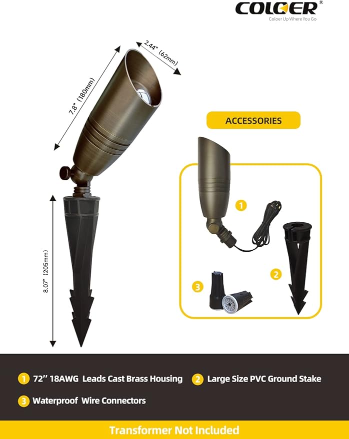 COLOER Die-cast Brass Landscape Spot Lights Outdoor, 12V AC/DC Low Voltage Landscape Lighting Fixture, IP65 Waterproof Directional Uplight Outdoor for Yard(102B,12-Pack Without Bulb)