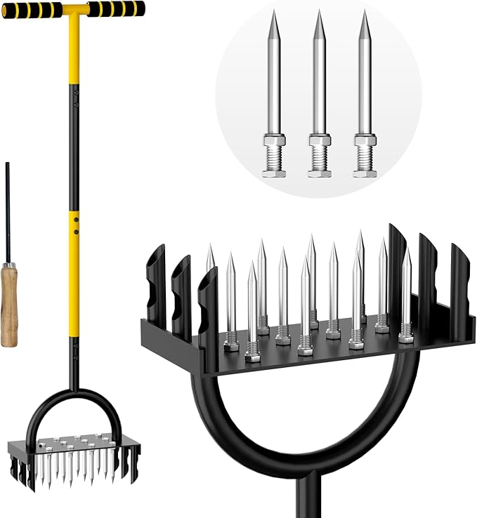 2-in-1 Lawn Aerator 43.3'',Aerator Lawn Tool with 18 Spikes,Manual Lawn Aerator Coring Tool,Yard Grass Plug Aerator for Lawn Aerating,Core Aerator with Cleaning Tool for Lawn Garden Care Compact Soil