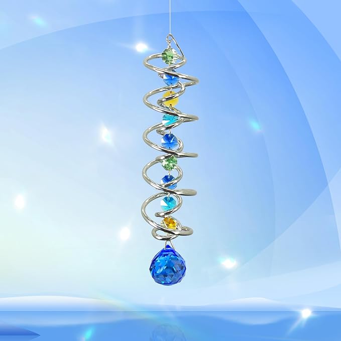 FONMY Gazing Ball Spiral Tail -Decorative Wind Spinner Sun Catcher Rainbow Maker Double-Spiral W/Sea Blue Crystal Ball and Chain Crystals for Indoor Outdoor Garden Decoration -14 inch Height