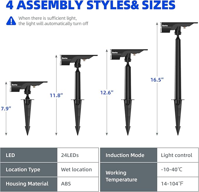 Barrina 36 LEDs Landscape Solar Spotlights, Solar Powered Dusk-to-Dawn Outdoor Garden Lights, 6500K & 2700K, 360° Horizontal Adjustable Spotlights for Garden Yard Patio Driveway Porch, 4 Packs