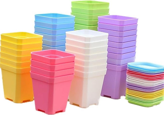 JHESAO 48 Set Garden Plastic Pot Craft Kit 48 Nursery Pots with 48 Trays for Kids Flower Plant Spring Summer Graduation DIY Crafts Painting Gardening Growing Tools, Mixed Colors