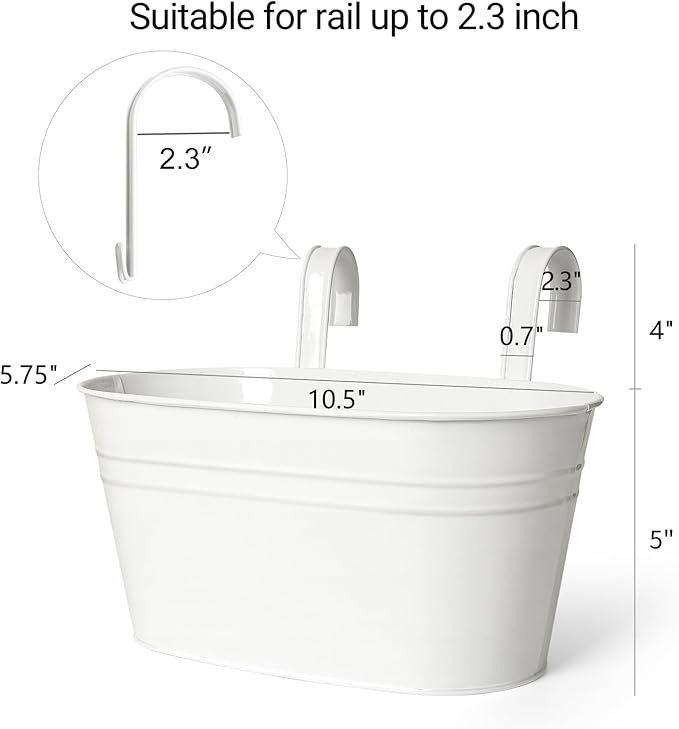 Dahey Metal Iron Hanging Flower Pots for Railing Fence Outdoor Planter Hanging Bucket Pots Countryside Style Window Flower Plant Holder with Detachable Hooks Home Decor,White,3 Pcs