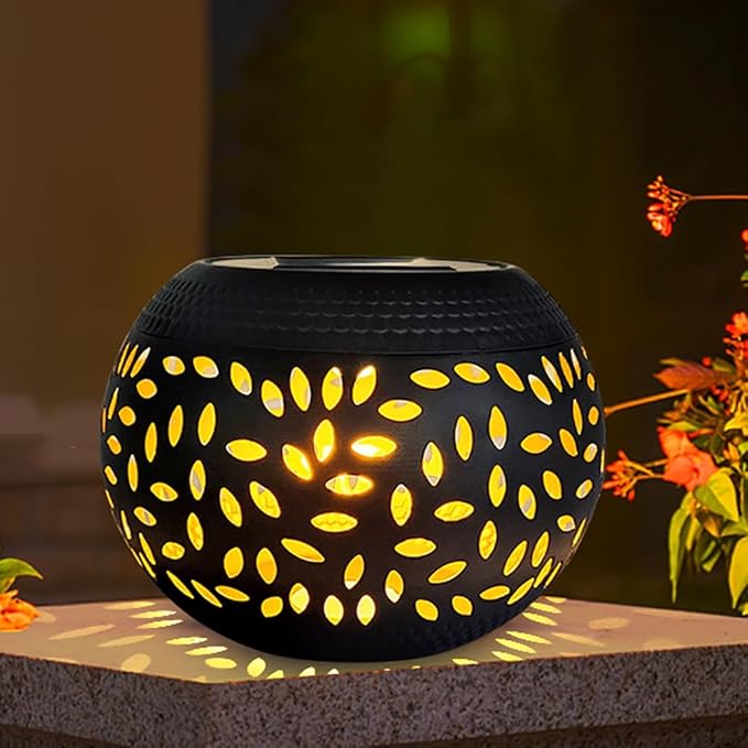 Solar Table Light Outdoor Waterproof- Solar Powered LED Lamp Hollowed-Out Black Metal Desktop Decorative Lantern for Indoor Desk Bedroom Patio Garden Pathway Yard