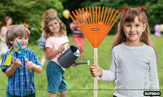 Pack of 3 Kids Rake with Hardwood Handle, Durable Plastic Head to Sweep Leaves in Lawn and Tidying Up The Garden, 34" (Orange)