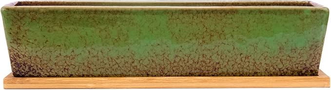 Artketty 12.1 Inch Large Succulent Planters Pots with Drainage Tray, Long Rectangle Ceramic Pots for Indoor Cactus/Succulent Plants Shallow Bonsai Window Box for Home Garden Decor (Green)