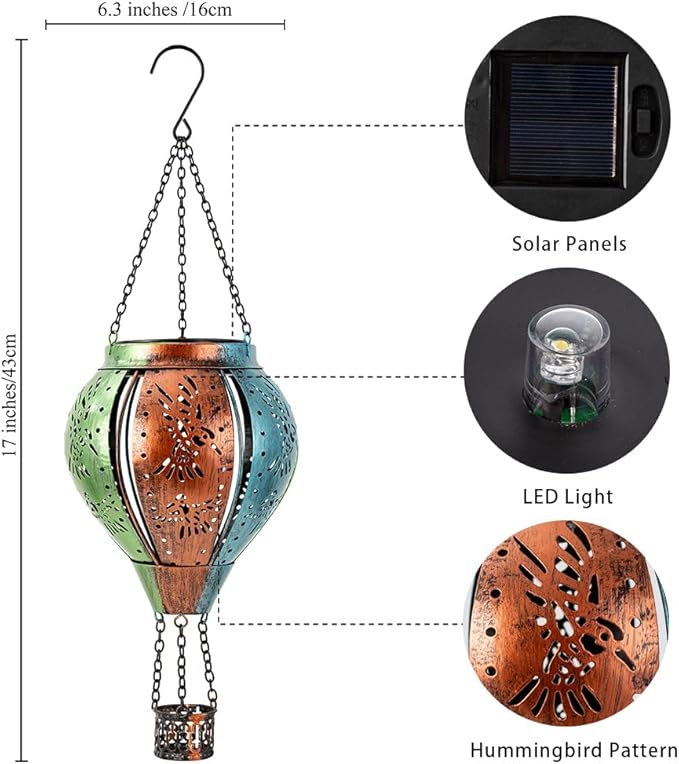 Hummingbird Solar Lantern Hot Air Balloon Outdoor Waterproof Lights, Metal Solar Hanging Lanterns Hummingbird Ornament for Garden Yard Patio, Hummingbird Gifts for Women Mom