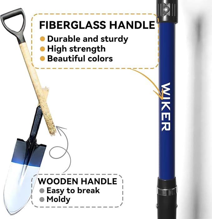 WIKER Spade Shovel,Sharp Shooter Shovel,Shovels for Digging,Planting,Trenching,Gardening,Drain Spade with Fiberglass Handle Heavy Duty,Blue,45 inches