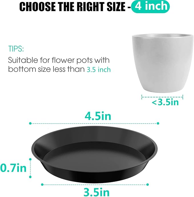 6 Pack Plant Saucer 4 6 8 10 12 14 16 18 20 22 Inch Plastic Plant Tray, Sturdy and Durable Flower Pot Container Accessories Plant Pot Saucers for Indoor and Outdoor (4 Inch, Black)