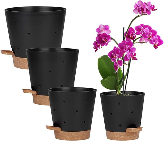 JGB 4 Pcs Orchid Pots with Holes - Each of 5, 6, 7 and 8 inch - Self Watering Orchid Pots and Plastic Breathable Orchid Planters for Repotting - Black