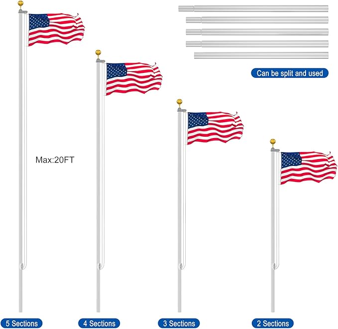 Flag Pole Kit 20FT, 12 Gauge 1.8mm Thickness Heavy Duty Flag Poles with 3x5 American Flag, Silver Flag Pole for Outdoor House In Ground, Extra Thick Flagpoles Suitable for Yard and Garden