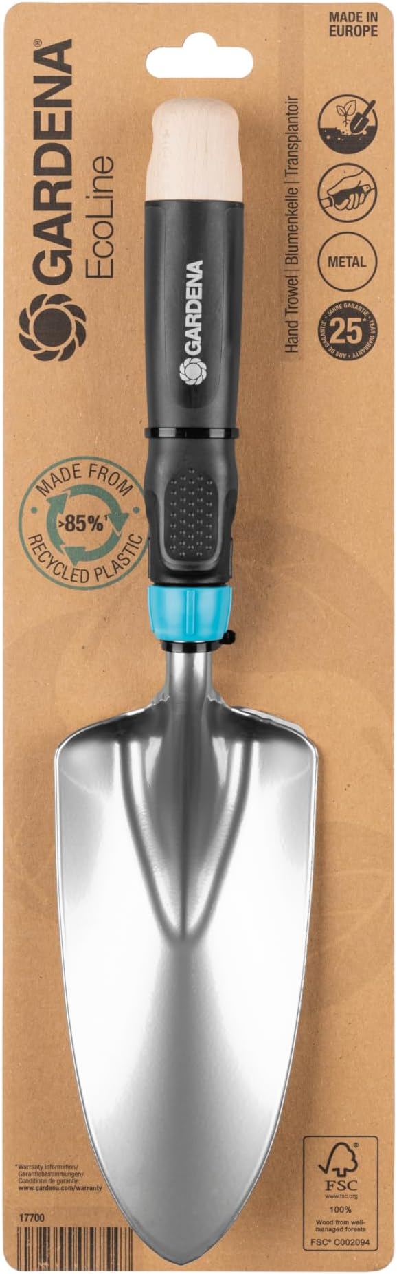 Gardena Ecoline Hand Trowel: for Planting and repotting, Ergonomic Handle, Protected Against Corrosion, Made from Recycled Materials (17700-20)