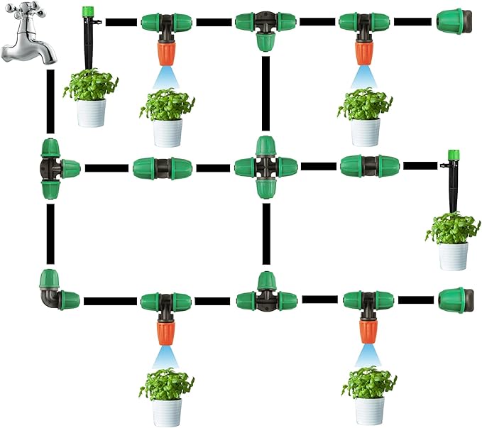 1/4 Inch Drip Irrigation Fittings, Lock Barbed 4 Way Couplings for ¼ in. Tubing, 25 Pieces Drip Irrigation Parts Locked Cross Connectors, Drip Line Nuts Connectors for 1/4" Drip Irrigation Hose