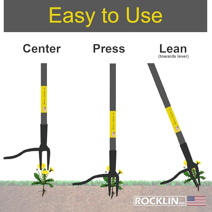 Rocklin Stand Up Weed Puller Tool - 4 Claw Steel Head - 48 inch Handle - 100% Metal - Easily Remove Weeds Without Bending or Kneeling
