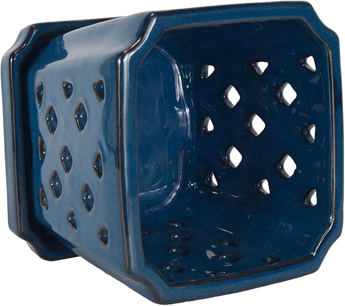 W&W Ceramic Orchid Pot with Holes and Saucer for Repotting, Blue, 7 Inches