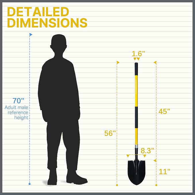 Shovel for Digging, 56 Inches Heavy Duty Shovel for Gardening, Round Shovel for Digging with Fiberglass Handle (Yellow)