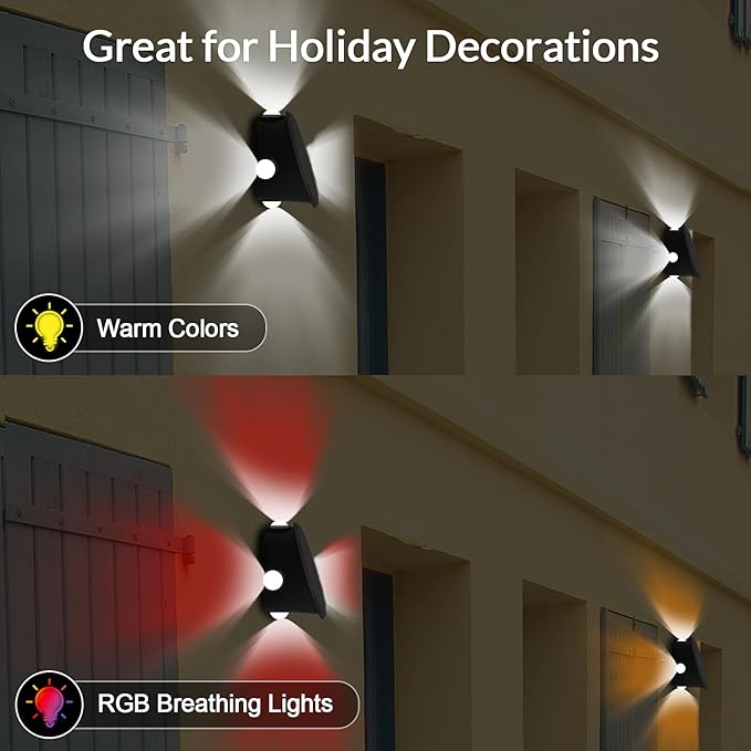 Outdoor Wall Lights - 4 LED Solar Lights for Outside - IP65 Waterproof-RGB Multicolor - Auto On/Off - 1200mAh Battery, Use on The Fence, Patio, Yard, Garden, Porch&More 2 Pack (Warm Color)