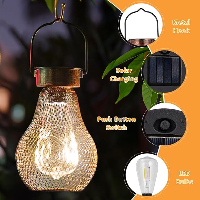 Solar Lanterns Outdoor Hanging Lights for Porch Waterproof,2 Pack Solar Lights Led Powered Lanterns Decorative for Outside Yard Garden Patio Pathway Decor