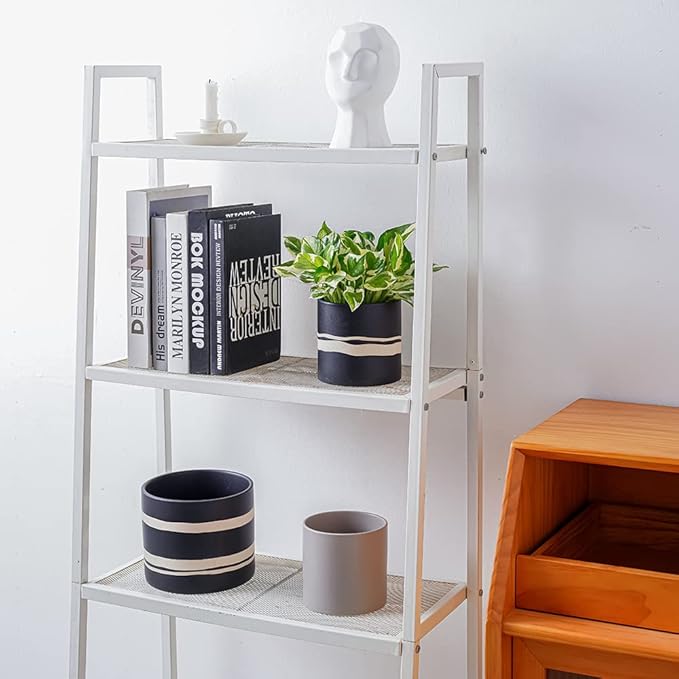 Nihow Modern Ceramic Plant Pot - 5 + 7 Inch Flower Pot for All Indoor Plants - Sturdy Planter Pots with Drainage Hole & Rubber Plugs - Semi-Matte Black & Nature - Plants Not Included