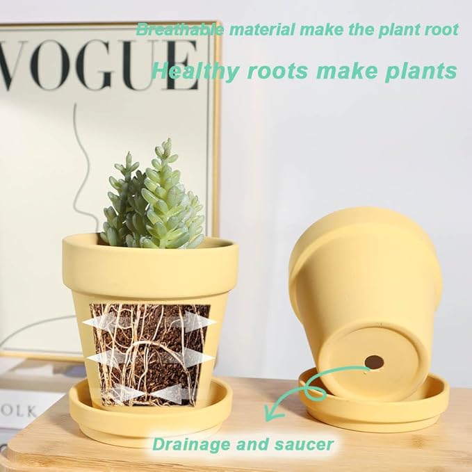 vensovo 6 Inch Yellow Terracotta & Clay Pots for Plant with Saucer - 4 Pack Medium Terra Cotta Planter with Drainage Hole, Flowerpot for Indoor Outdoor Plants, Crafts, Wedding Favor