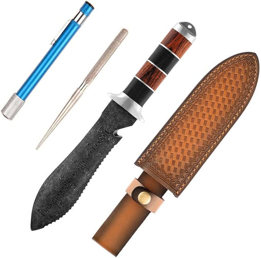 MINAMINO Outdoor Multipurpose Knife Fixed Blade for Camping Gardening Weeding Digging with Thick Leather Sheath and Sharpening Rod