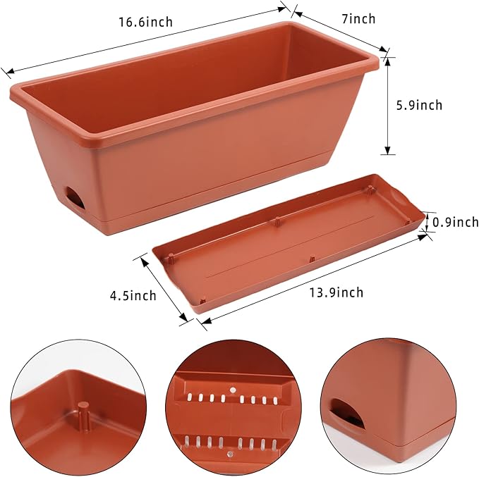 8pcs Window Box Planter,17 Inches Flower Window Boxes, Rectangle Planters Box with Drainage Holes and Trays, Plastic Vegetable Planters for Windowsill Patio Garden Home Decor Porch Yard (Red)