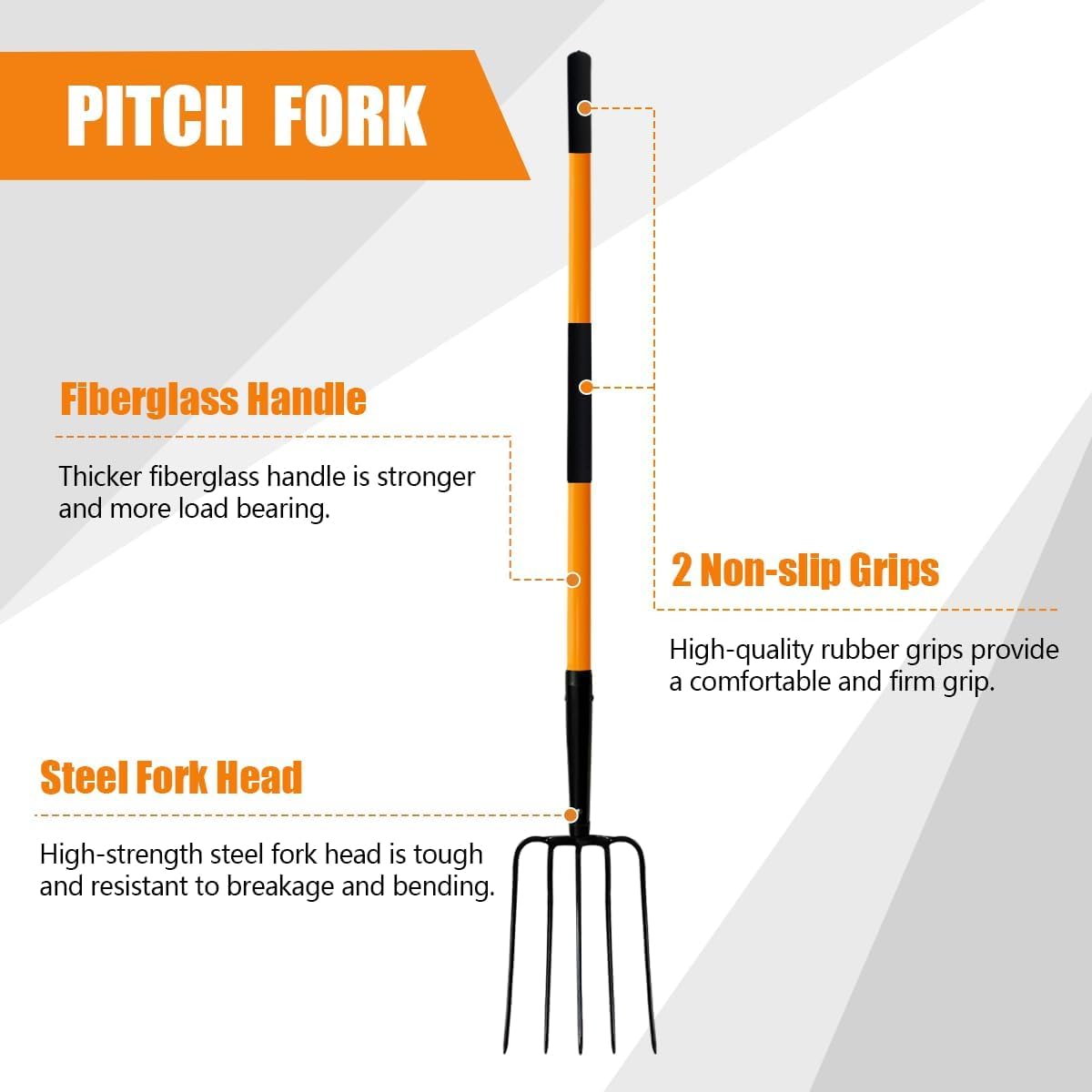 Pitch Fork-58 Inch，5-Tine Steel Garden Fork Heavy Duty, Mulch with Cushion Grip, Orange Fiberglass Handle