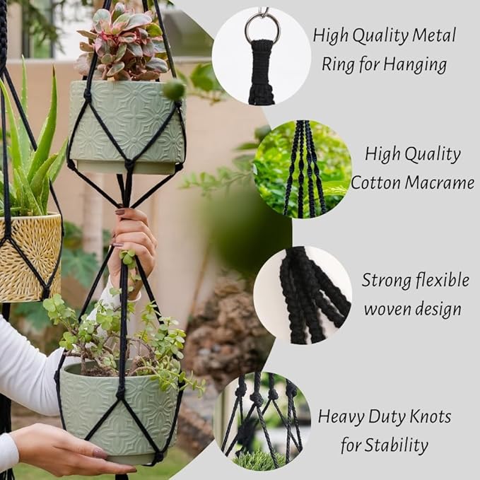 Macrame Plant Hangers - 6 Pack, Black, Indoor/Outdoor, Cotton