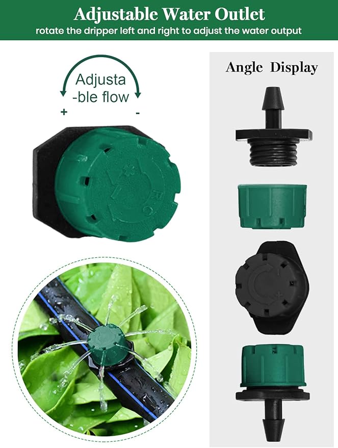 Kalolary 200Pcs Adjustable Irrigation Drippers, 1/4 Inch Barbed Drip Emitter 360 Degree Watering Sprinklers Anti-Clogging Drippers for 4mm/7mm Garden Watering System（Dark Green）