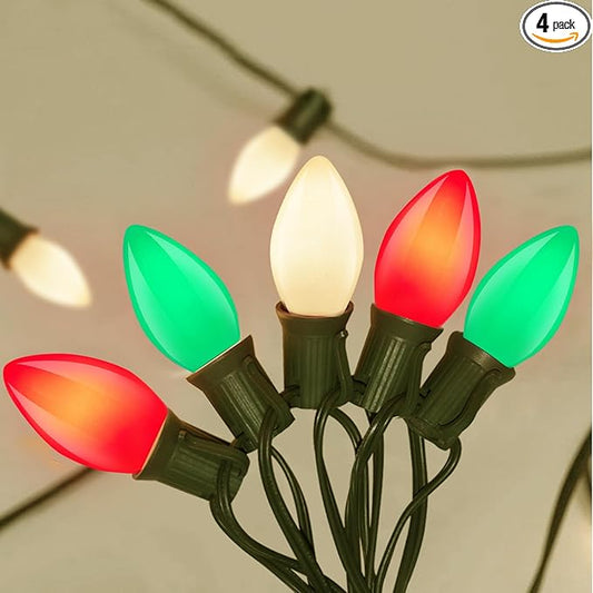 C7 Christmas String Lights, 25Ft Outdoor Decorations With 27 LED Red White and Green Shatterproof Bulbs, Hanging Patio Lights for Tree Backyard Holiday Party Decor