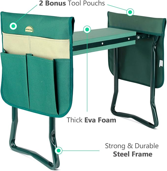G GOOD GAIN Garden Kneeler Seat Gardening Stool Widen Soft Kneeling Pad with 2 Larger Tool Pouches Outdoor Foldable Sturdy Gardening Tools Gifts for Gardeners, Green