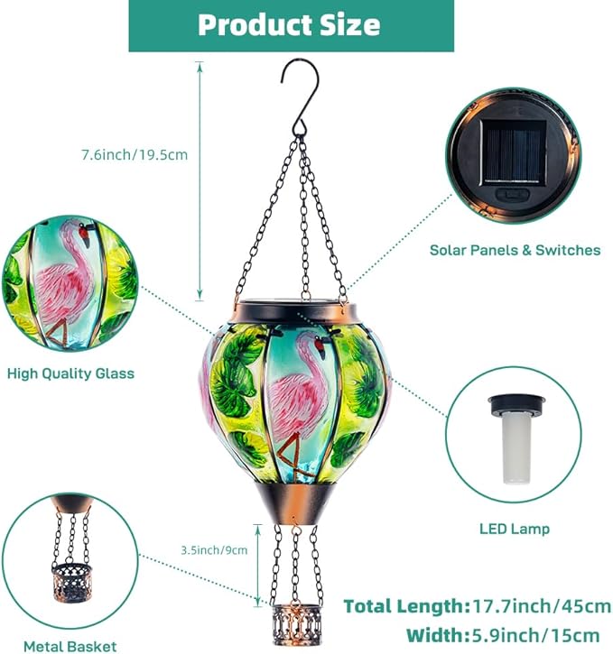 Starsoul 2 PC Flamingo Hot Air Balloon Solar Lantern with Flame Glass Outdoor Hanging Hot Air Balloon Solar Light Waterproof Garden Patio Yard Party Decorations
