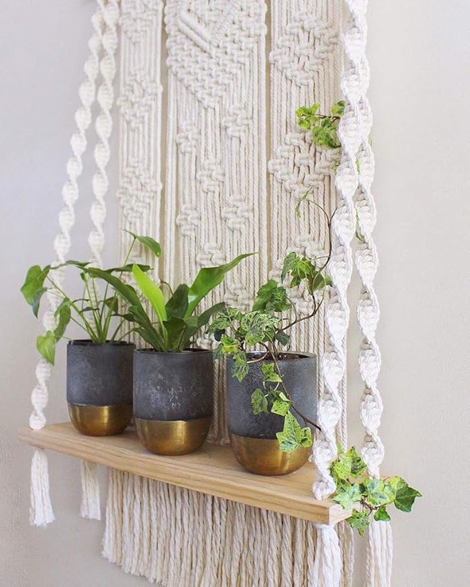 AMIAEDU Macrame Wall Hanging Shelf, Handmade Indoor Boho Pot Basket Hanger Holder, Rope Plant Hanger for Wall Decor (White)
