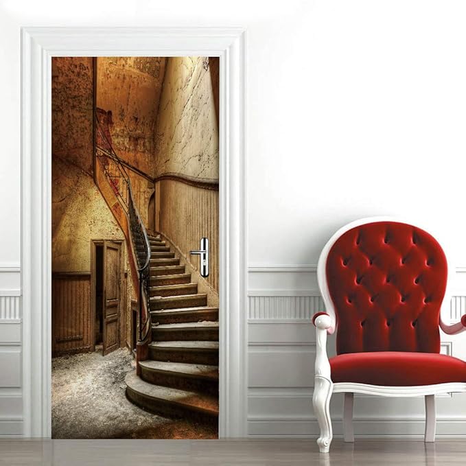 3D Peel and Stick Murals - Old Stairs - Wallpaper Self-Adhesive Decals - Removable PVC Waterproof Door Poster for Bedroom Living Room - 37.4 x 82.7 inch