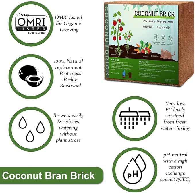 Premium Coco Coir Brick, 11Lbs High Nutrient Compressed Coconut Soil, OMRI 100% Organic Low EC & PH Balanced Potting Soil for All Plants Gardening, Hydroponics and Reptile Substrate (5KG)