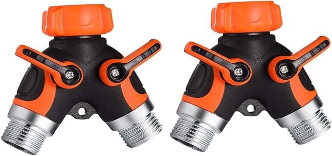 Set of 2 Y Hose Splitters 2 Way, Hose Connector Garden Outdoor Faucet -Water Tap Garden Hose Shut Off Valve Connector for Lawn and Garden- with Comfortable Rubberized Grip (Orange)
