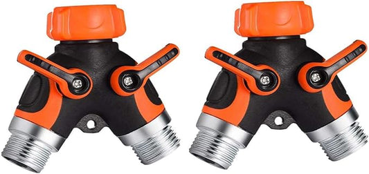 Set of 2 Y Hose Splitters 2 Way, Hose Connector Garden Outdoor Faucet -Water Tap Garden Hose Shut Off Valve Connector for Lawn and Garden- with Comfortable Rubberized Grip (Orange)