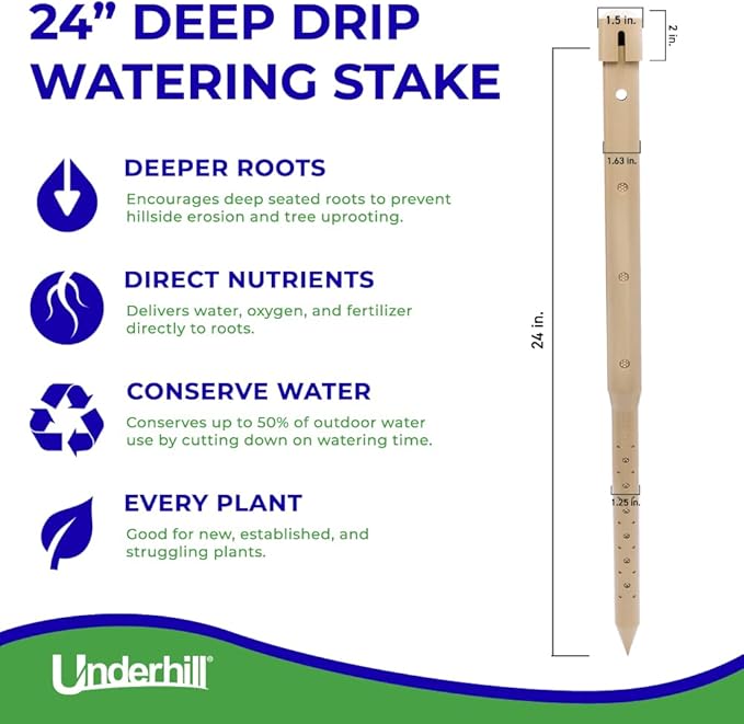 Underhill Deep Drip Irrigation Stakes 24-1/2-Inch, Case of 25 Watering Spikes for Trees with Medium Depth Roots, Drip System Tubes, A-DD24-25