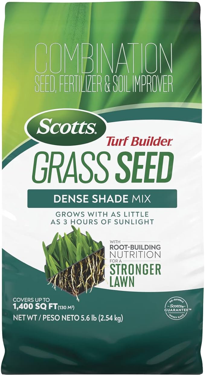 Scotts Turf Builder Grass Seed Dense Shade Mix with Fertilizer and Soil Improver, Grows With Little Sunlight, 5.6 lbs.