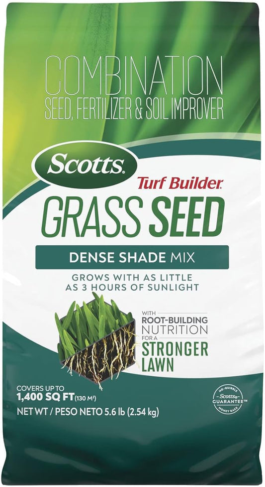 Scotts Turf Builder Grass Seed Dense Shade Mix with Fertilizer and Soil Improver, Grows With Little Sunlight, 5.6 lbs.